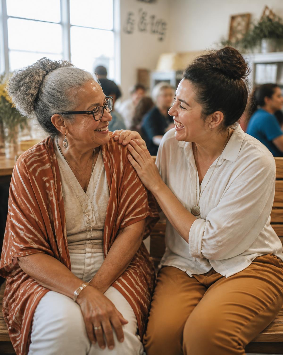 Two women of different generations laughing together with warm connection