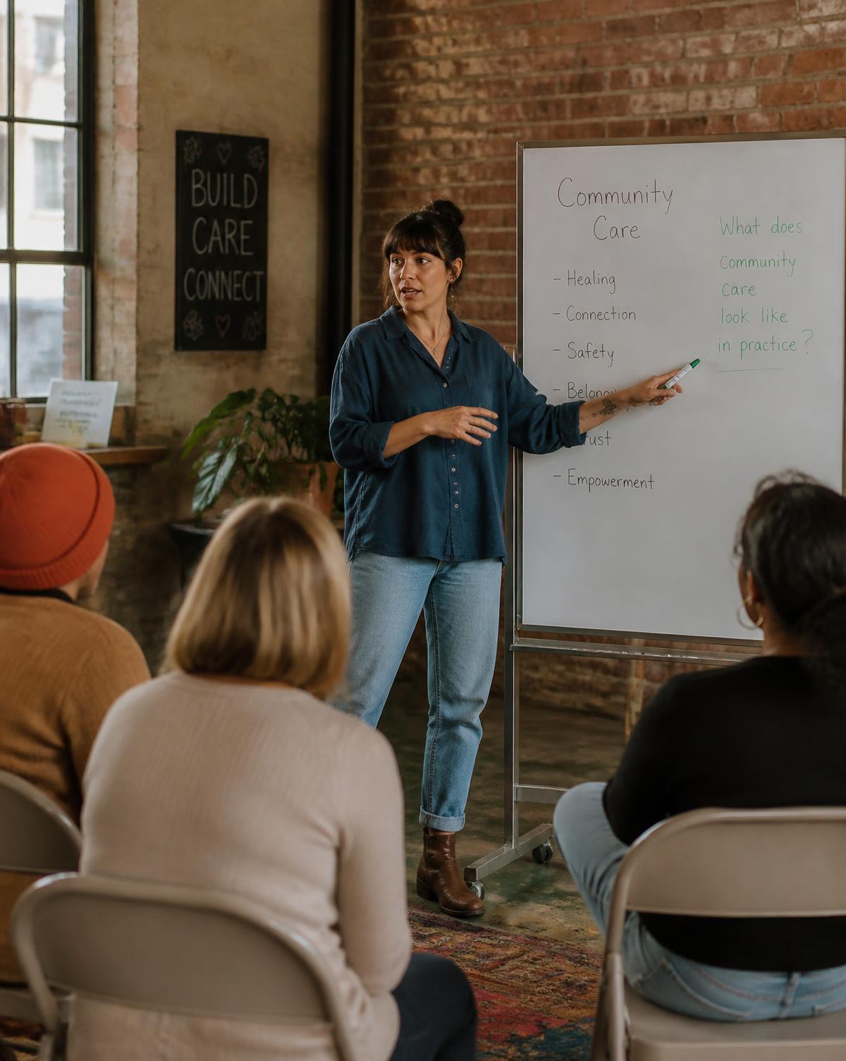 A woman teaching a small group in front of a whiteboard in a community space