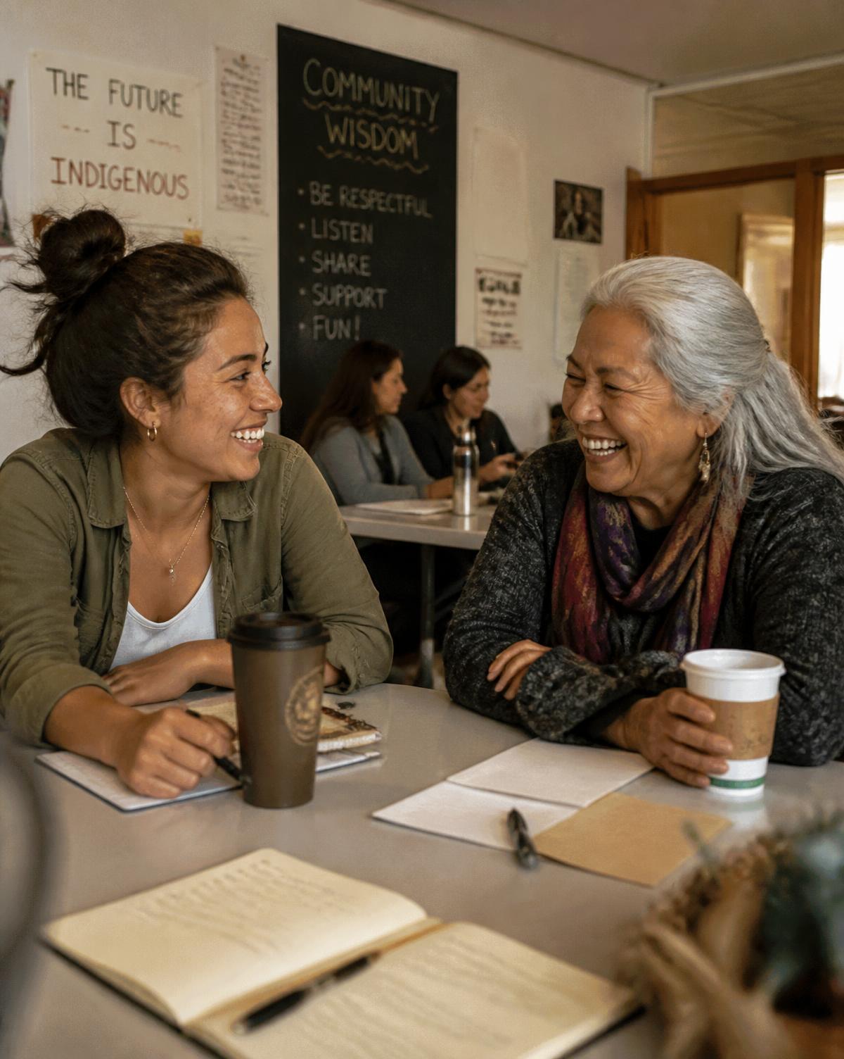 Two women of different generations talking and laughing during a workshop