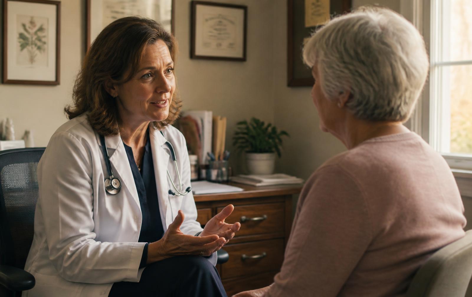 A physician in conversation with an older woman in a daylit consultation room