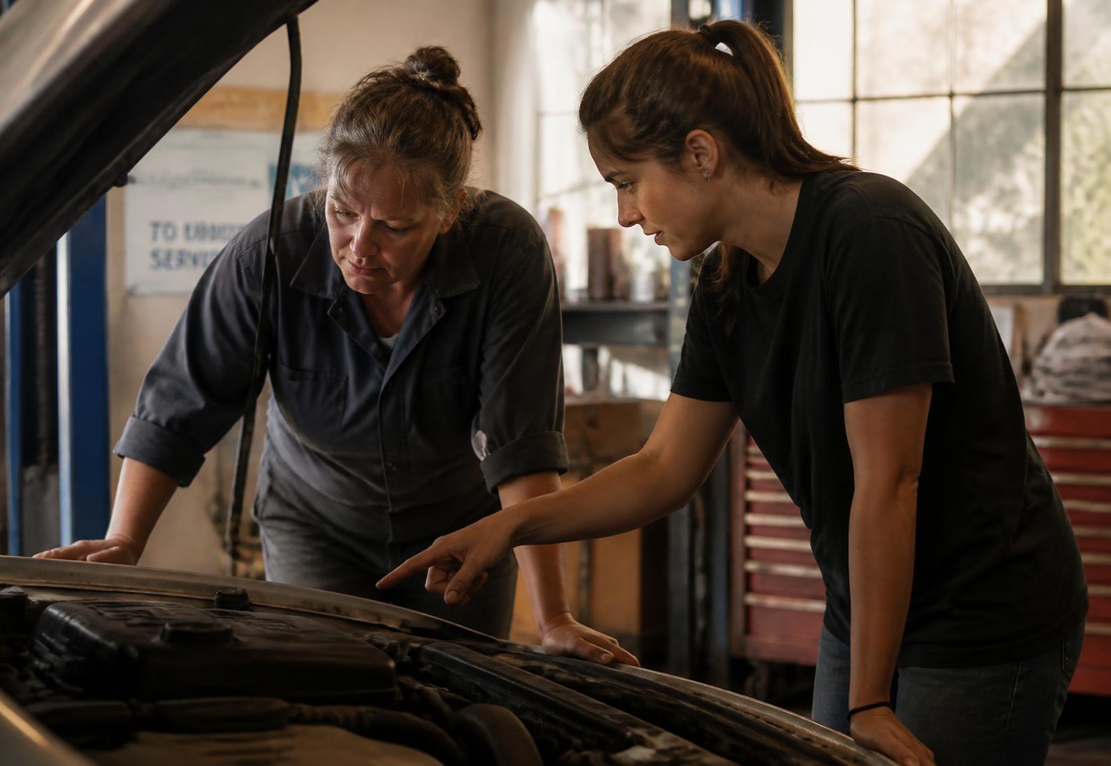 Two women of different generations examining an engine together under an open car hood